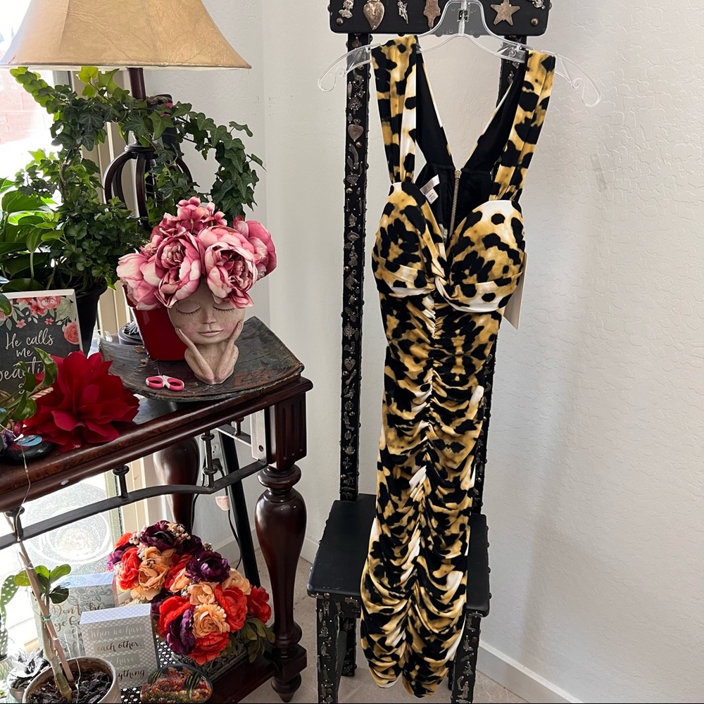Vintage Boston Proper Body Con Ruched Leopard Print Dress